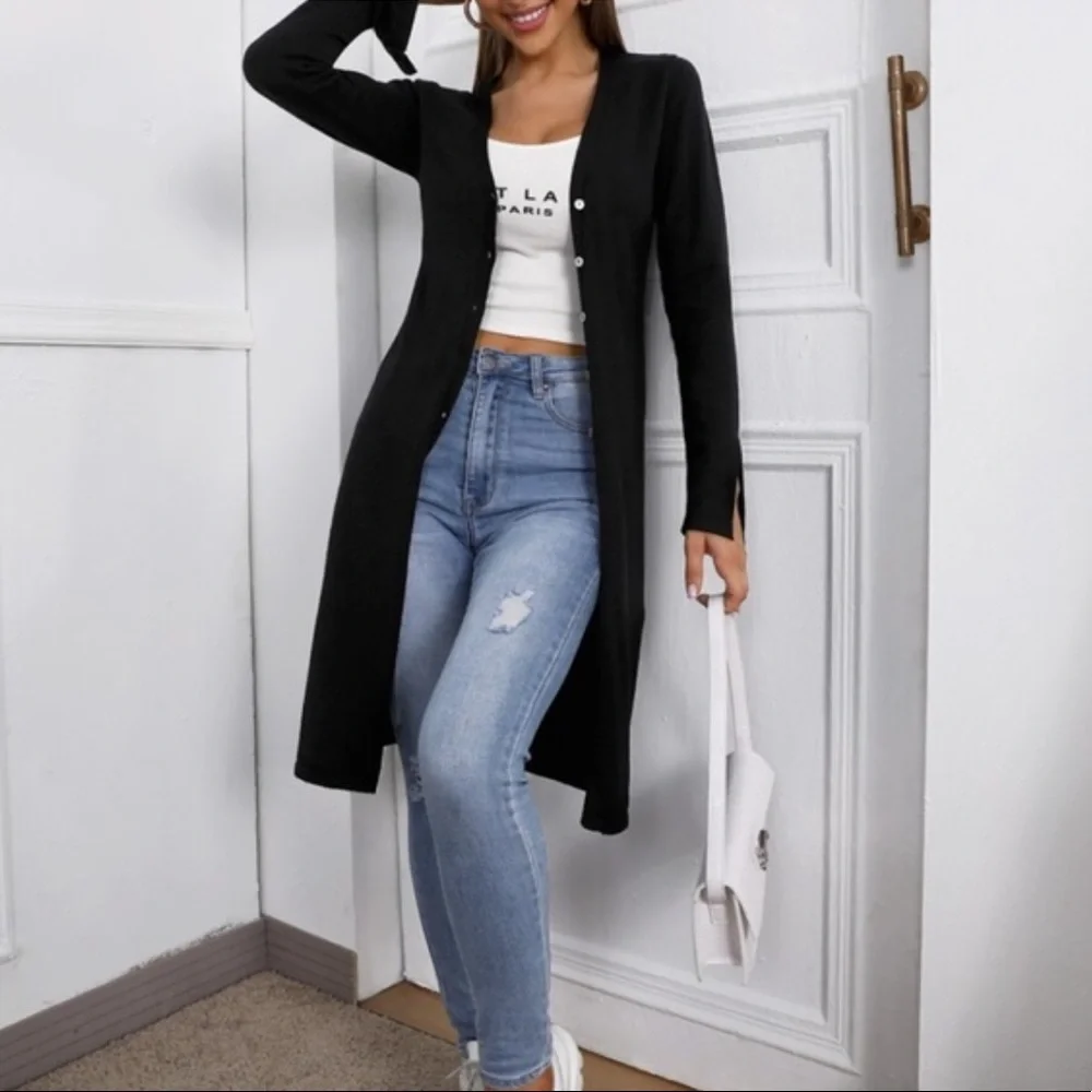 Black Button Up mid length slit cuff cardigan